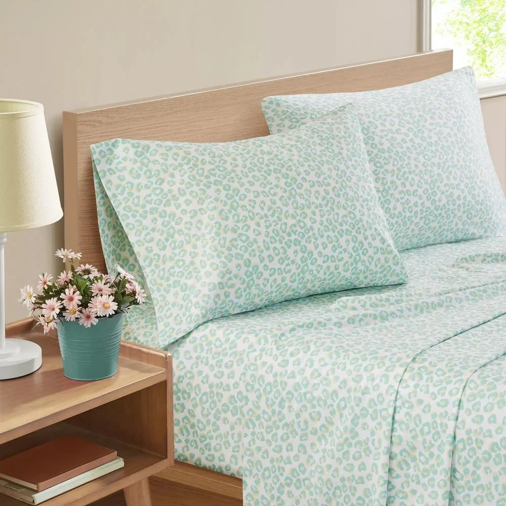 new Marmalade brand Lightweight 100% Cotton Full Sheet Set in Mint Green Leopard